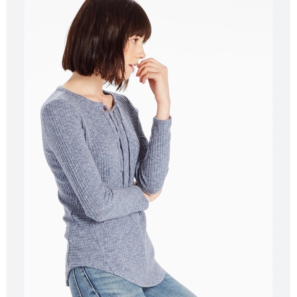 Lucky Brand Womens Blue Ribbed Lace‎ Up V-Neck Long Sleeve Top Large Heathered